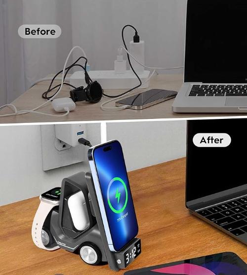 Max & Max Wireless Forklift Charger This multipurpose smart desktop includes a digital clock, a night light (gray), a wireless charging station with Type-C input, a 15W phone charger, a 2.5W smart watch, and a 5W earpod charger. The Prime Store