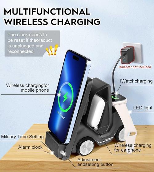 Max & Max Wireless Forklift Charger This multipurpose smart desktop includes a digital clock, a night light (gray), a wireless charging station with Type-C input, a 15W phone charger, a 2.5W smart watch, and a 5W earpod charger. The Prime Store